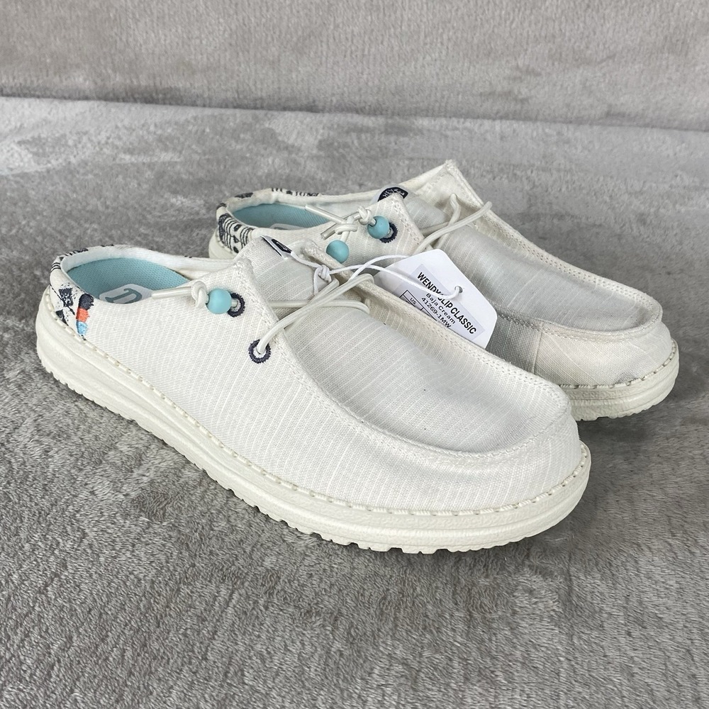 Hey Dude Wendy Slip On Womens Shoes Size 7 Baja Cream Canvas Mule Comfort NEW